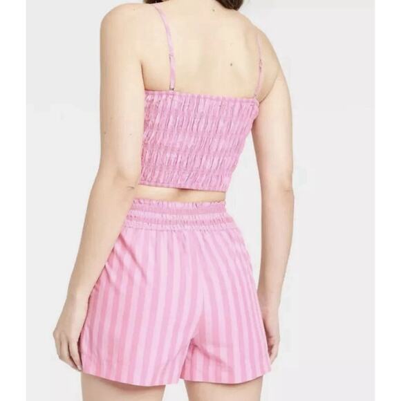 A NEW DAY NWT $20 Hot Pink Striped Smocked Slim Fit Tiny Cropped Tank Top - Picture 3 of 8